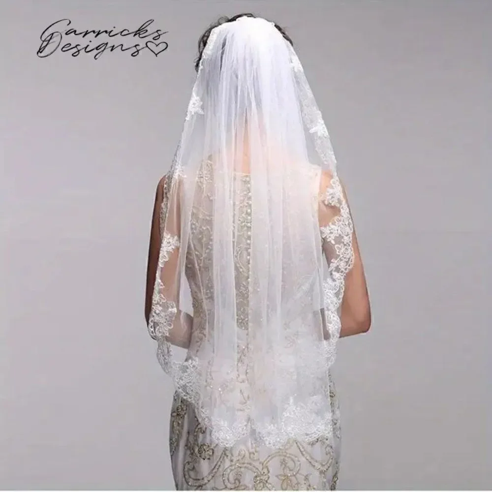 Embroidered Lace and Gems Edge Fingertip Bridal Wedding Veil White With Comb
